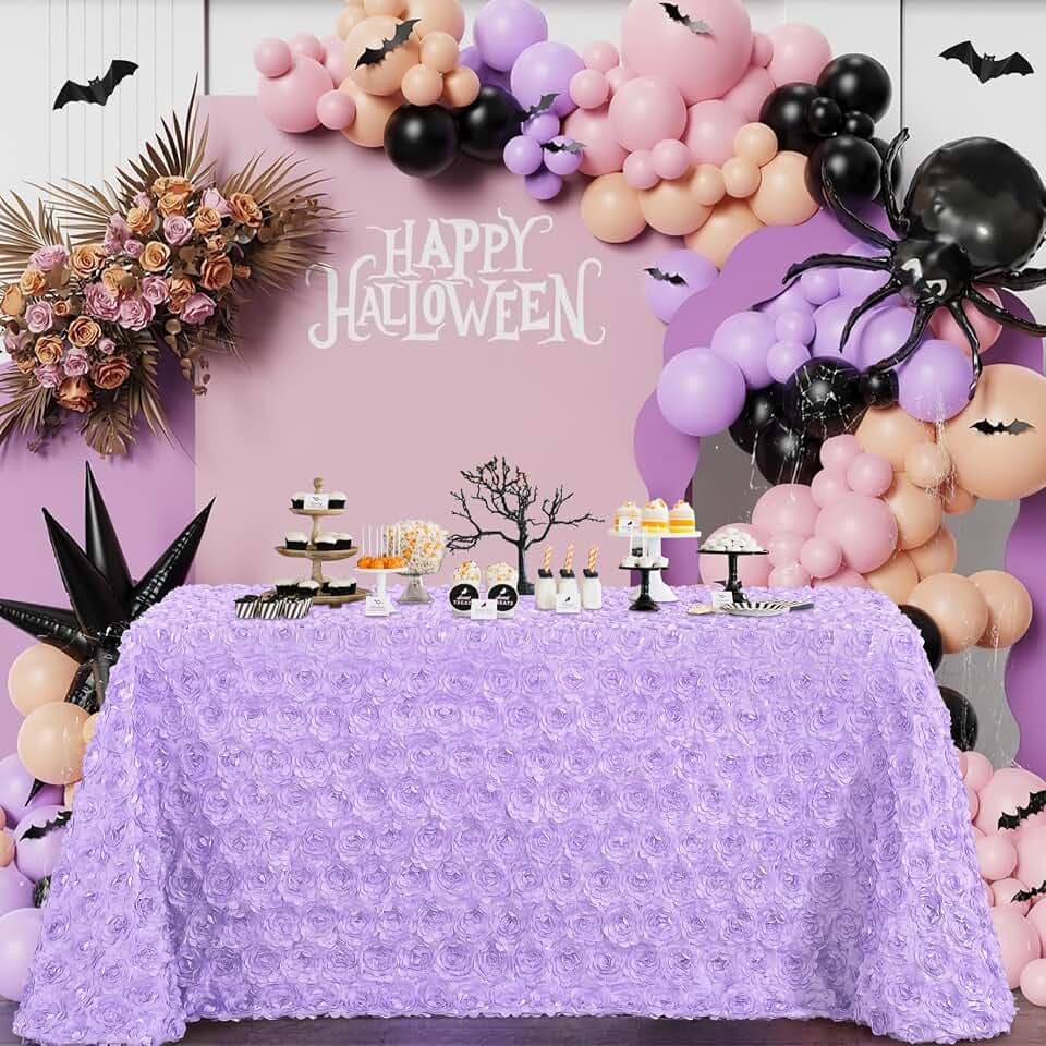 Fanqisi Lavender 3D Floral Rosette Satin Tablecloth 90"x132" Baby Shower