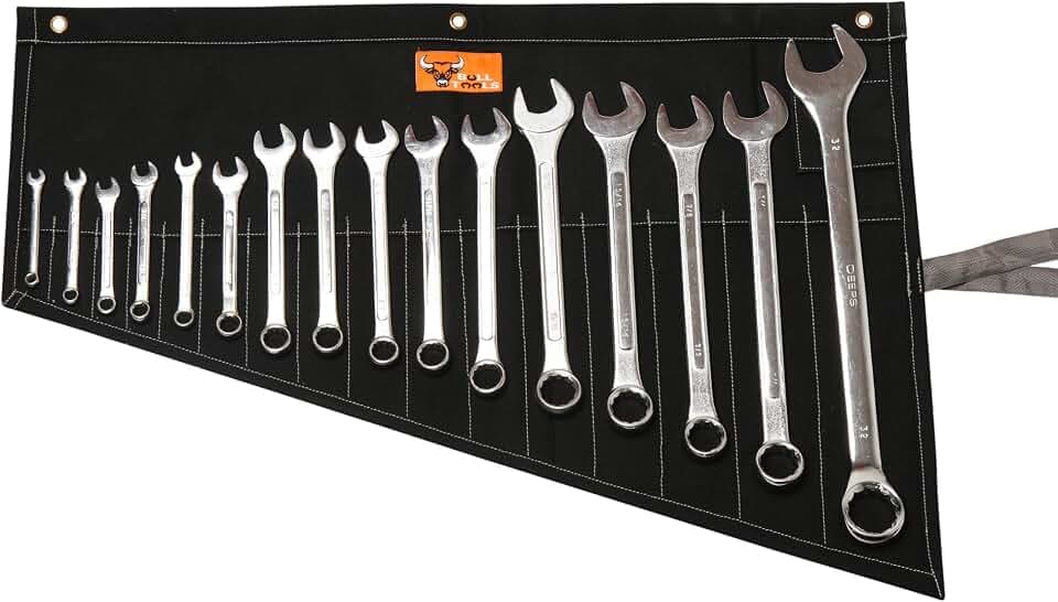 BULL TOOLS Roll Up Tool Bag Organizer 16 Pockets Metric & SAE Wrench Organizer Heavy Duty Cotton Duck Canvas, Handcrafted, Compact Tool Pouch for Easy Storage - (Tools Not Included)