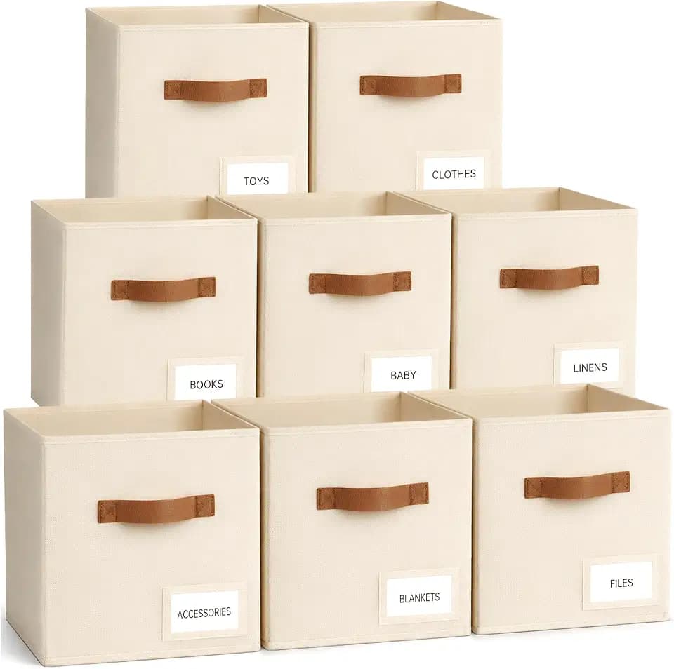 Storage Cubes 8 Pack, 11 Inch Fabric Storage Cubes Organizer Bins with Labels, Odor-Free & Sturdy PP Structure, Cubby Baskets for Closet, Shelves, Toys & Nursery (Beige)