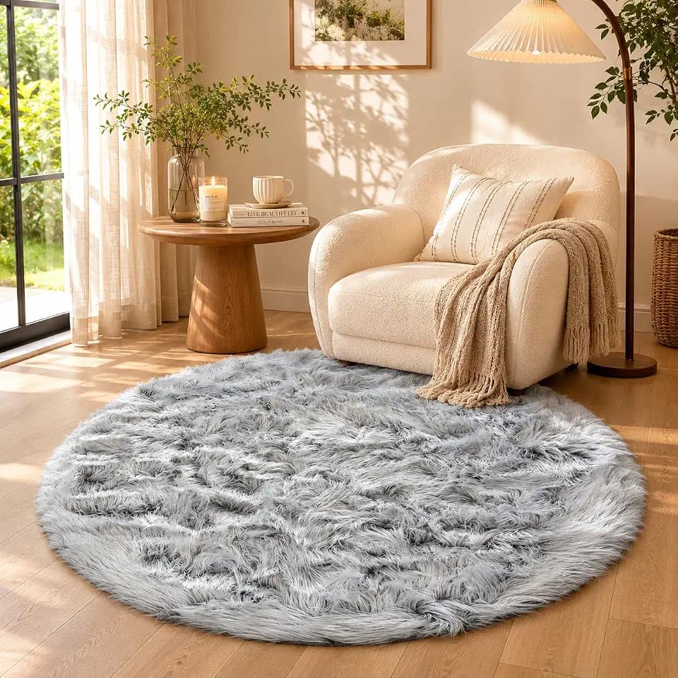 EasyJoy Faux Sheepskin Rug, Fluffy Faux Fur Rug, Ultra Soft Shag Area Rug with Non-Slip Backing for Bedroom, Living Room, Nursery, Kids Room(4 x 4 ft Round, Frosted Bottom Gray)
