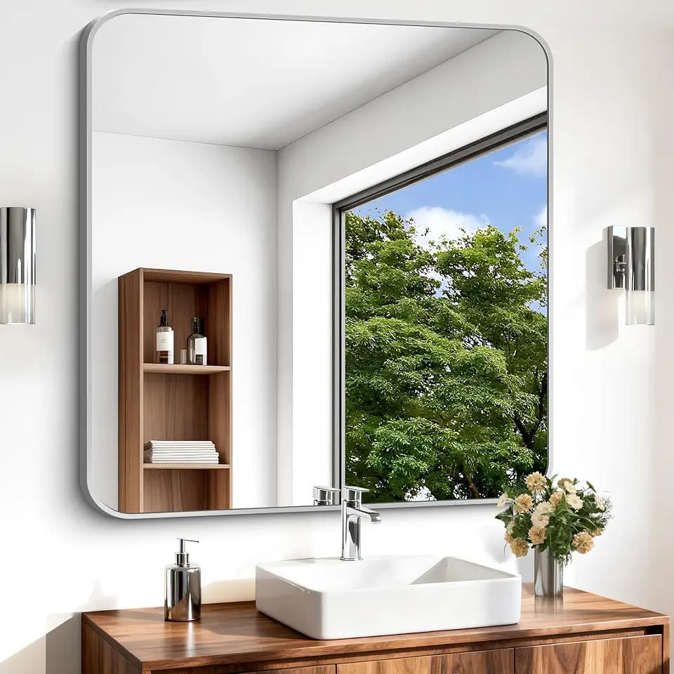 Silver Bathroom Mirror, 36 x 36 Inch Square Mirrors for Wall, Aluminum Metal Framed Vanity Mirror, Rounded Corner Wall Mounted Mirror for Over Sinks Living Room Bedroom Entryway