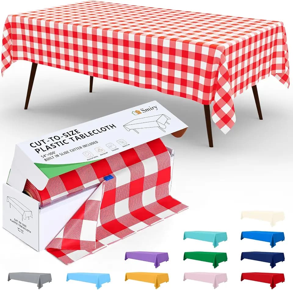 Smiry 54 Inch x 100 Feet Disposable Table Cover Roll, Red & White Plastic Table Cloth in Cut-to-Size Box with Slide Cutter, Waterproof Rectangle Tablecloths for Weddings, Banquets, Outdoor