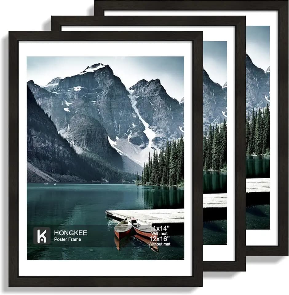 Hongkee 12x16 Picture Frame Set of 3, 12 x 16 Black Wood with 11x14 Mat