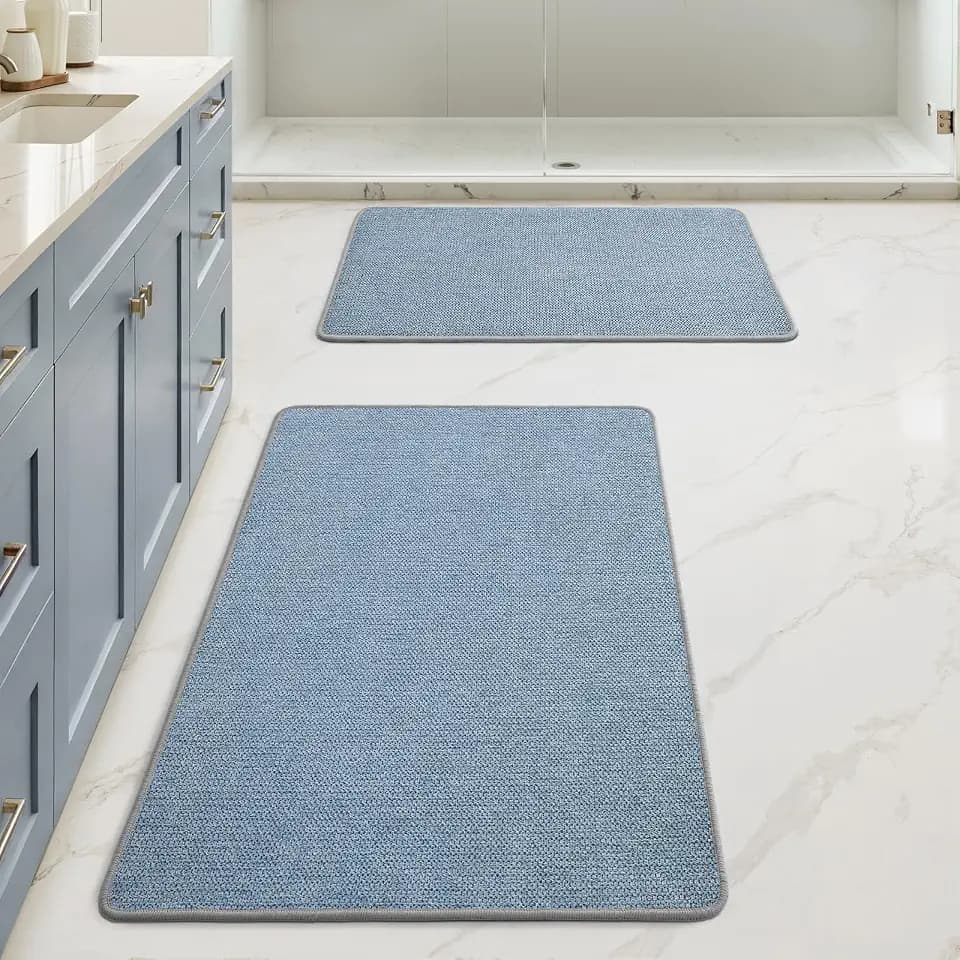 MIULEE Bathroom Rugs Set 2 Pieces, Thin Bath Mats Blue 17"x27"+20"x32"