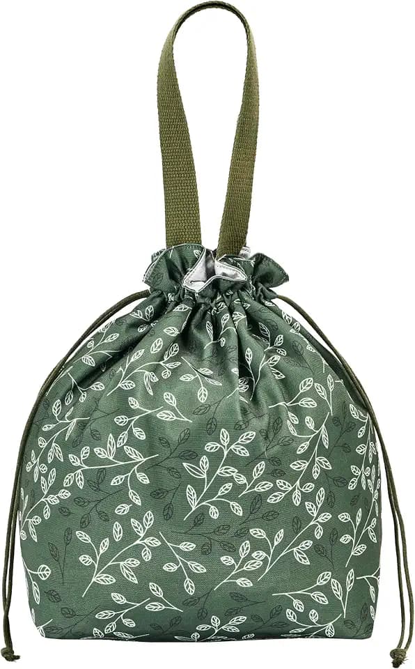 Reusable Small Lunch Bag,Drawstring Lunch Bag,Insulated Handbag Tote bag with Handle (New Leaf Green)