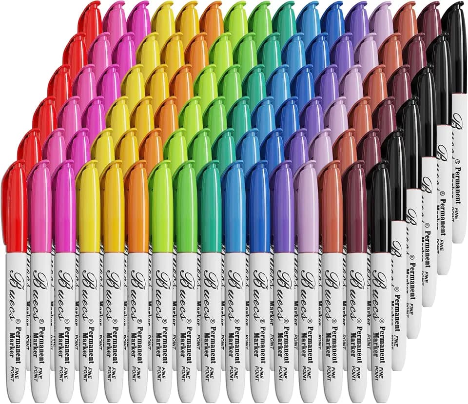 Buecs Permanent Markers, 96 Count Fine Point Permanent Markers, 16 colors, Waterproof & Smear Proof Markers, Quick Drying, Office Supplies for School, Office, Home