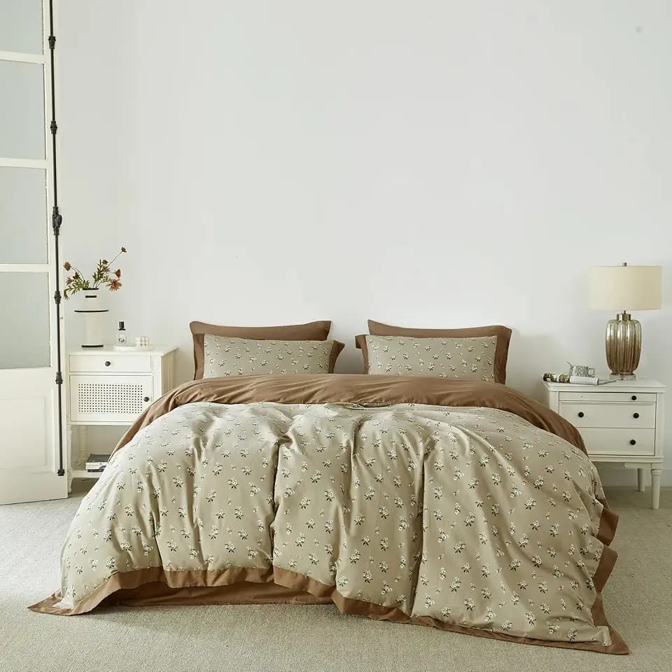 SUSYBAO Green White Floral Duvet Cover King 100% Cotton 3 Pieces Set
