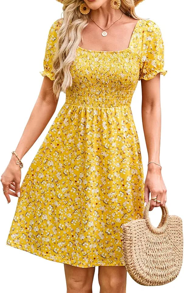 Naggoo Women's Summer Dresses Short Puff Sleeve Casual Square Neck Floral Print Smocked A Line Flowy Beach Sun Dresses
