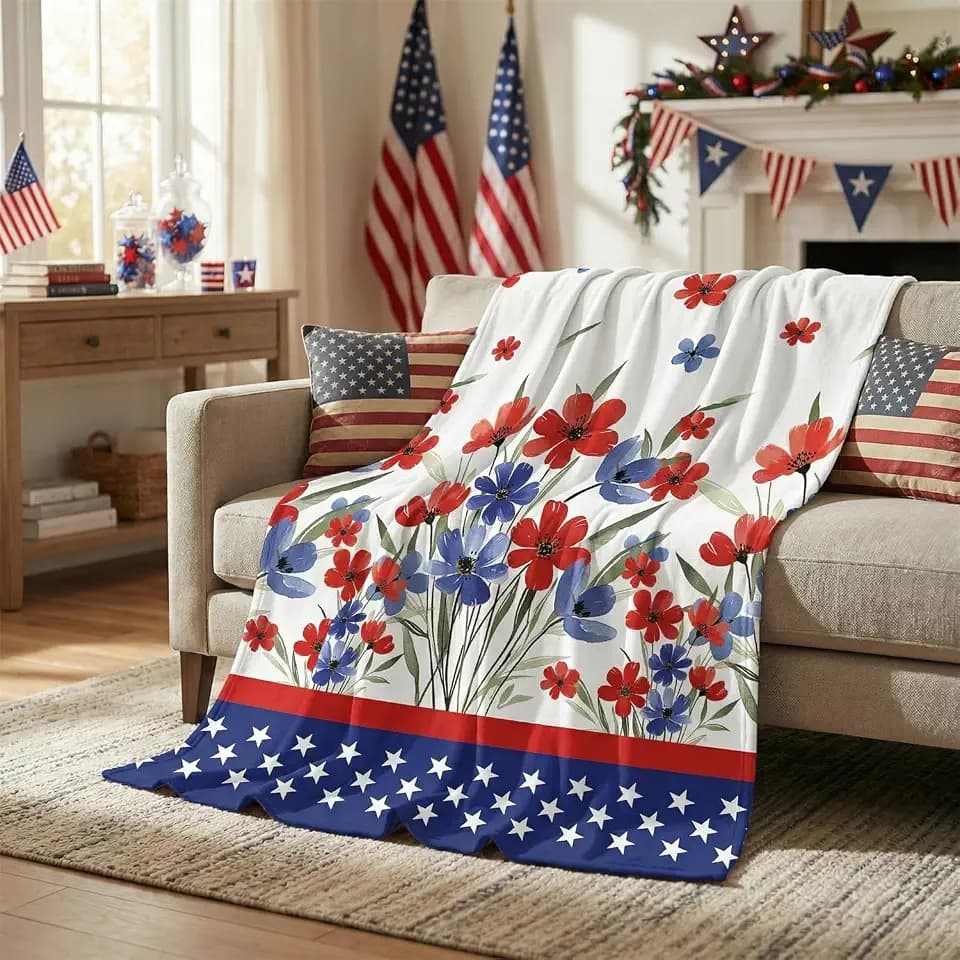 Horaldaily 4th of July Watercolor Poppy Flowers Flannel Throw Blanket 60x80