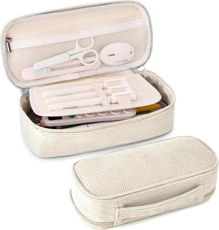 Big Capacity Pencil case,Soft Corduroy Pencil Bag,Cute Pen Case with Handle,Multi-Functional Compartments, Wide Opening Pen Pouch Organizer for Teen Girls Wome