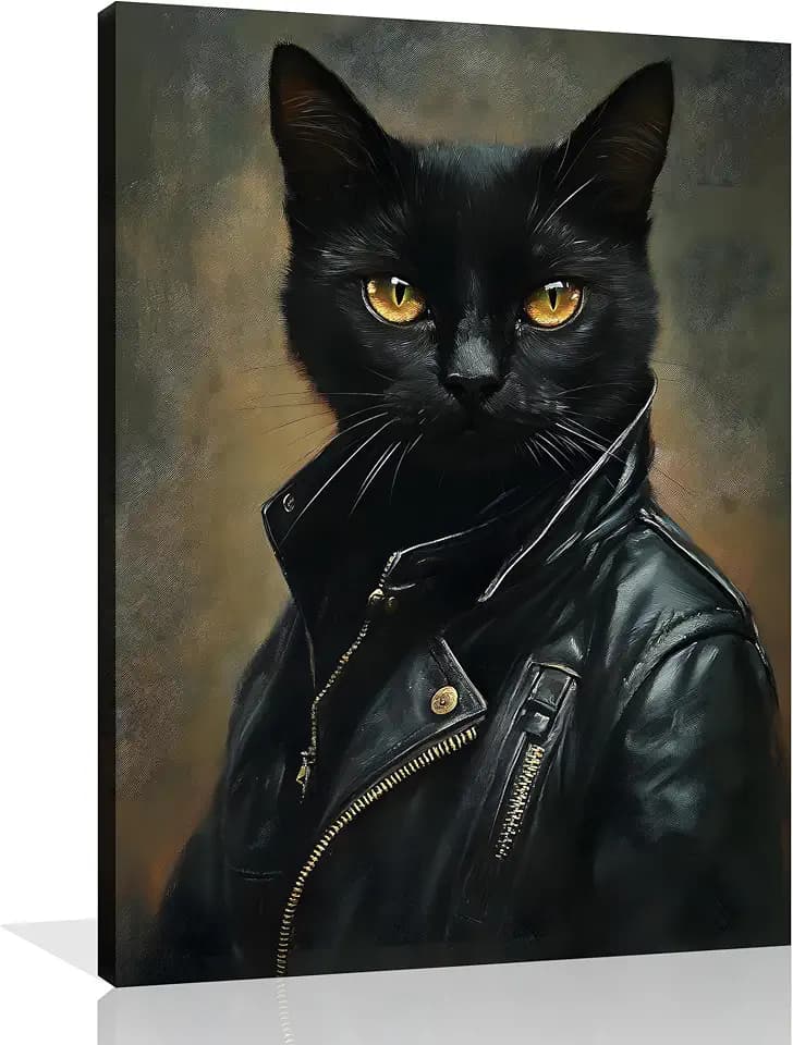 OWNANRTHM Gothic Cat Wall Art Black Cat Renaissance Painting Funny Halloween Cat Pictures Gothic Academia Canvas Wall Art for Living Room Bedroom Wall Framed 12X16 inch