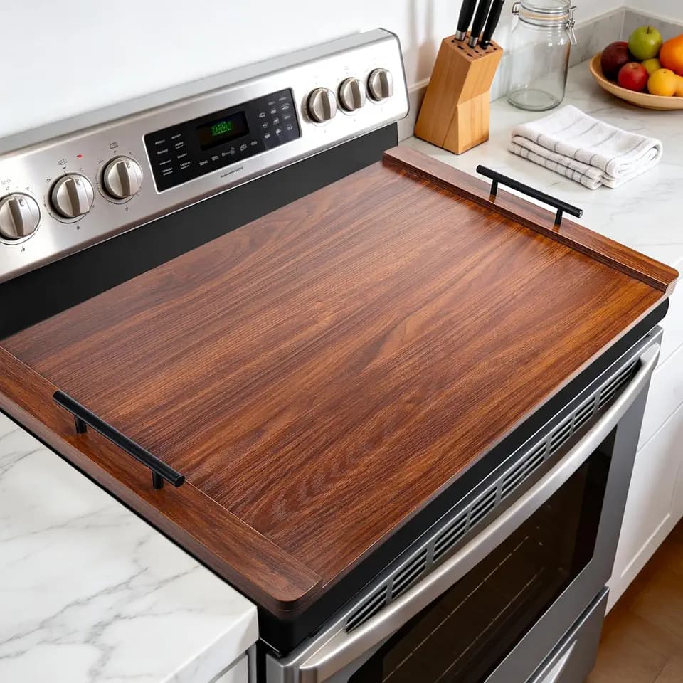 Noodle Board Stove Cover with Handles, Wood Stove Top Covers for Electric Stove and Gas Burners, Wooden Decorative Serving Tray Kitchen Sink Cover for Counter Space (Walnut)