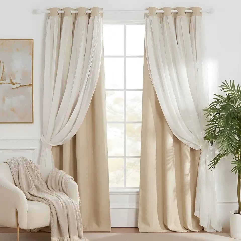 NICETOWN Nursery Blackout Curtains for Bedroom Living Room Crushed Sheer x Blackout Curtains 84 inches Long Farmhouse Curtains with Tie Backs for Kids (2 PCs, W52 x L84 inch, Biscotti Beige)