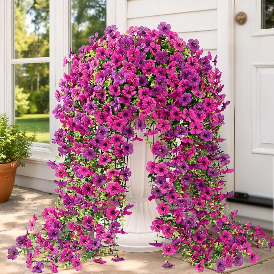 Yastouay 4 Pcs Artificial Flowers for Outdoors, UV Resistant Fake Outdoor Flowers, Realistic Artificial Plants & Flowers for Outdoor Porch Patio Window Garden Decor(Purple & Rose Red)