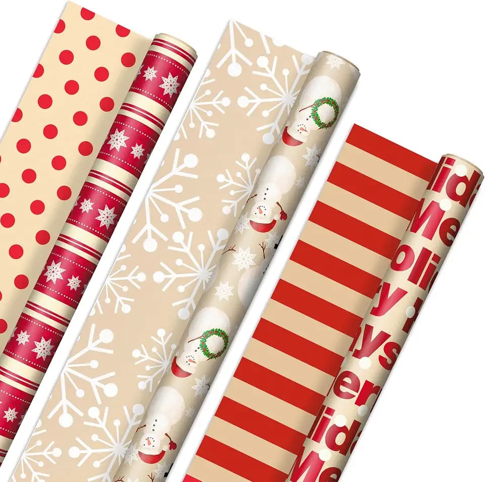 Hallmark Reversible Christmas Wrapping Paper (3 Rolls: 120 sq. ft. ttl) Merry Holidays, Snowflakes, Snowmen, Red Stripes