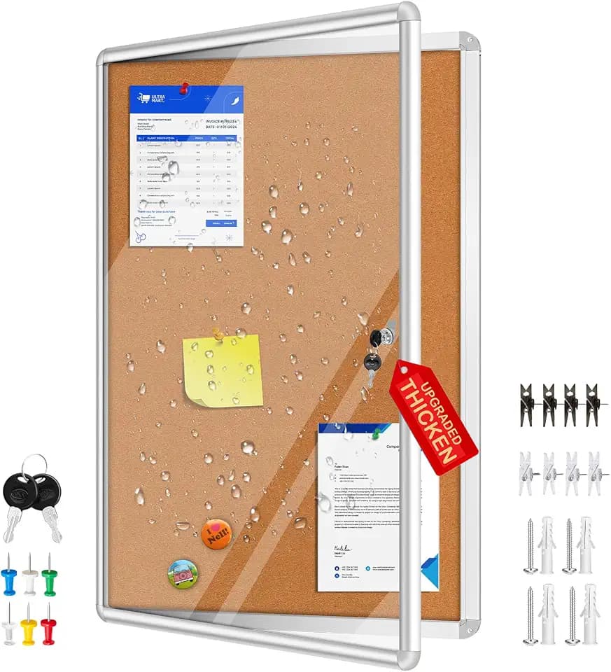 Magula 36"x24" Enclosed Bulletin Board Tamper-Proof Dispaly Case, Aluminium Frame, Shatter Resistant Lockable Bulletin Board, Enclosed Cork Board for School, Office, Commercial, Hospital etc