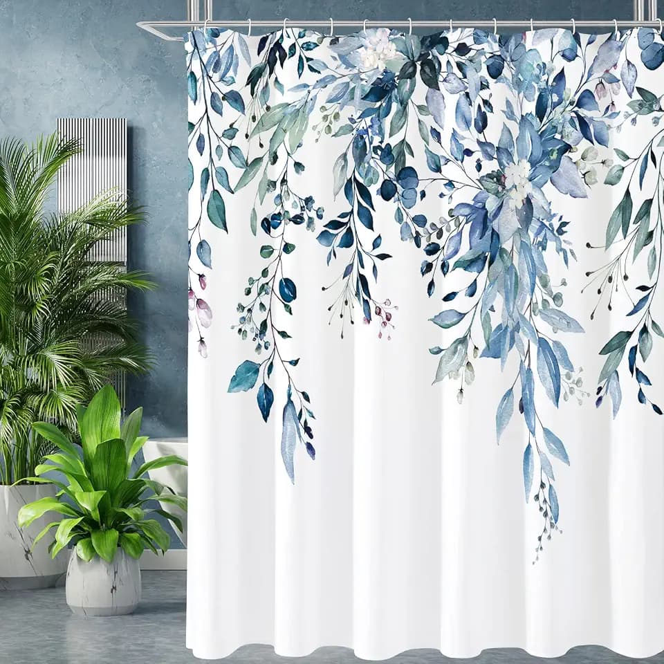 Gibelle Blue Eucalyptus Shower Curtain, Watercolor Floral Print, 72x72