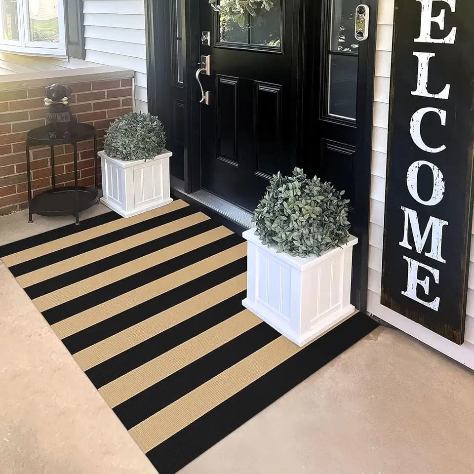 KILOCOCO Striped Rug 3x5 ft Washable Woven Front Door Rug, Brown and Black