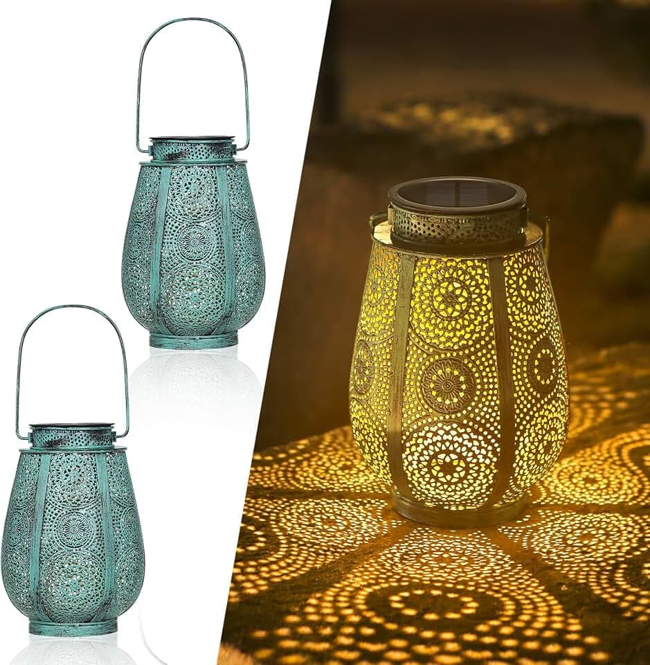 Solarlaterne für Außen 2 Stück, Bonsery LED Solarlampen für außen Hängend IP65 Wasserdicht, Vintage Metall Solar Laterne für Draußen Deko Terrasse Balkon Hof Outdoor Solarleuchte 15Lm (Türkis)
