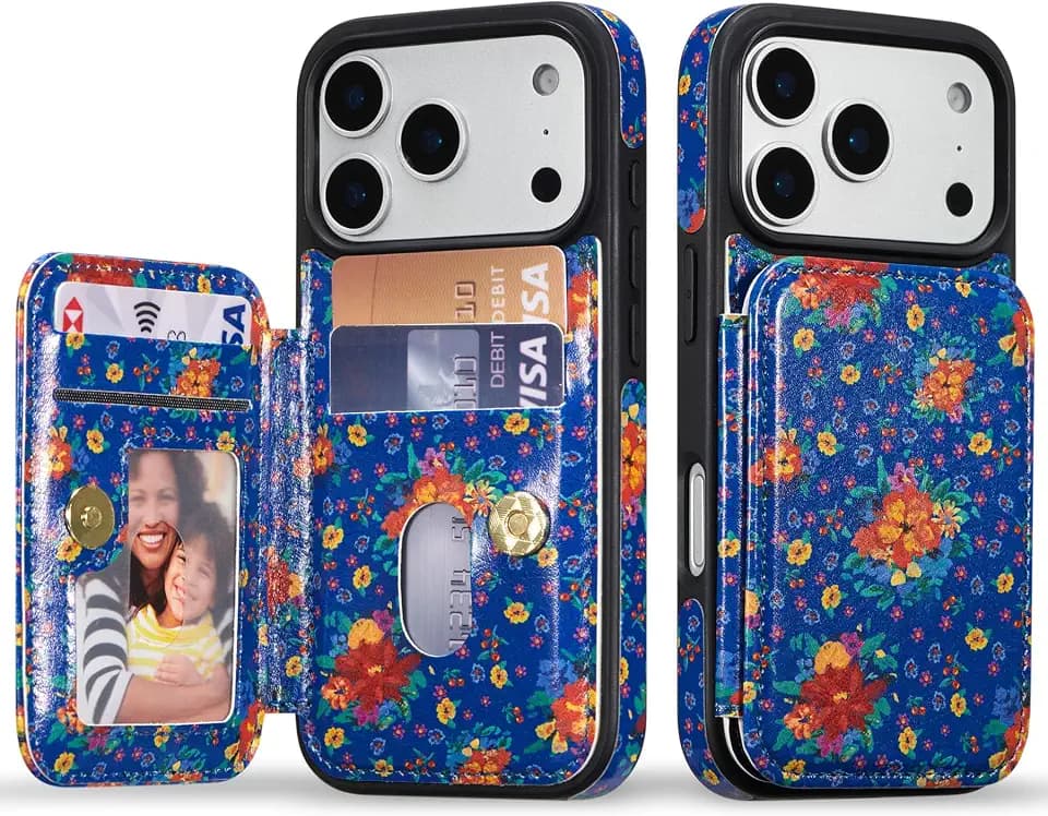ZCDAYE Wallet Case with Card Holder for iPhone 17 Pro, Blue Blossom