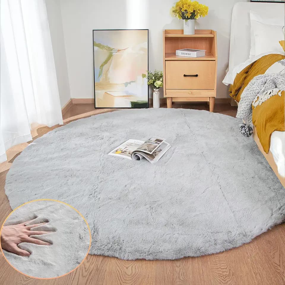 ORINOVA Grey Washable Fluffy Round Rugs 6ft Faux Bunny Fur Rugs for Living Room Bedroom Boho Circle Sheepskin Rug Teen Room Nursery Rug