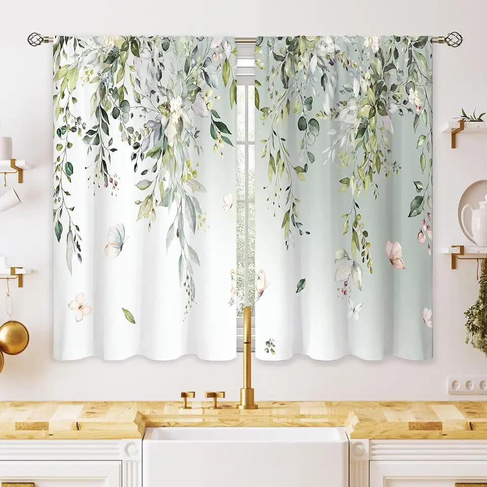 Eucalyptus Botanical Leaves Floral Kitchen Window Curtains Butterfly Farmhouse Flower Leaf Small Window Treatment Sage Green Cafe Short Curtains for Bathroom Treatment Tier Drapes 27.9x39 inch