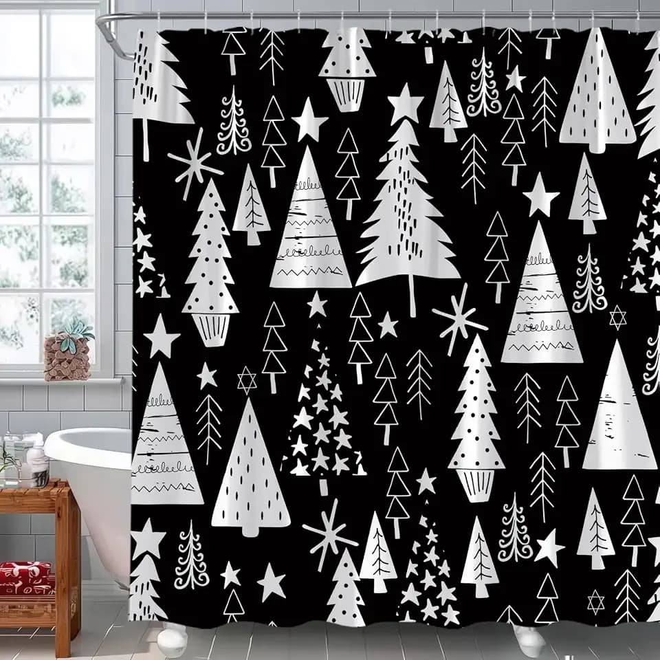 Merry Christmas Shower Curtain Black White Christmas Tree Winter Holiday Rustic Farmhouse Fabric Bathroom Decor Set Include Hooks,70" WX70 H