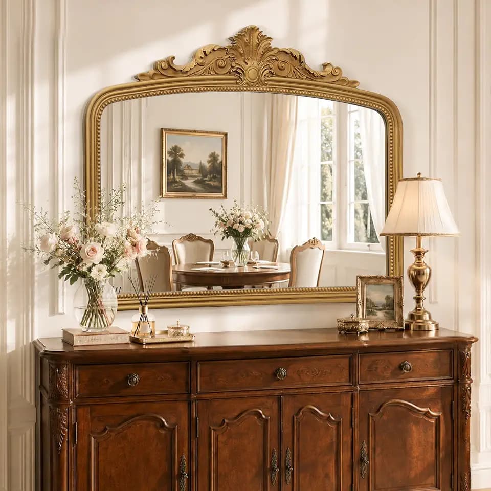 Besdomus Gold Arched Vintage Mirror: 47"x36.5" Baroque Hallway Wall Mirror