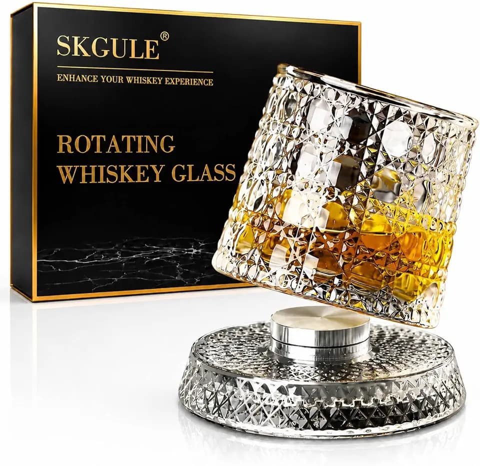 Rotating Whiskey Glass with Base for 360 Degree Rotation 9 Oz Old Fashioned Spinning Whiskey Glasses for Scotch Cocktail Rum Cognac Vodka Liquor, Unique Gifts for Men (A)