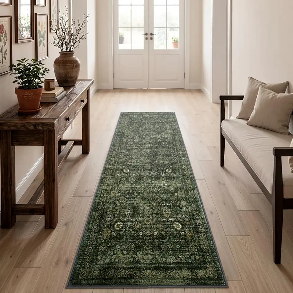 Morebes 2x6 Vintage Washable Dark Green Kitchen Runner Rug Non Slip, Boho Runners for Hallways, Non Shedding Soft Indoor Floor Throw Carpet for Laundry Living Room Bathroom Bedroom