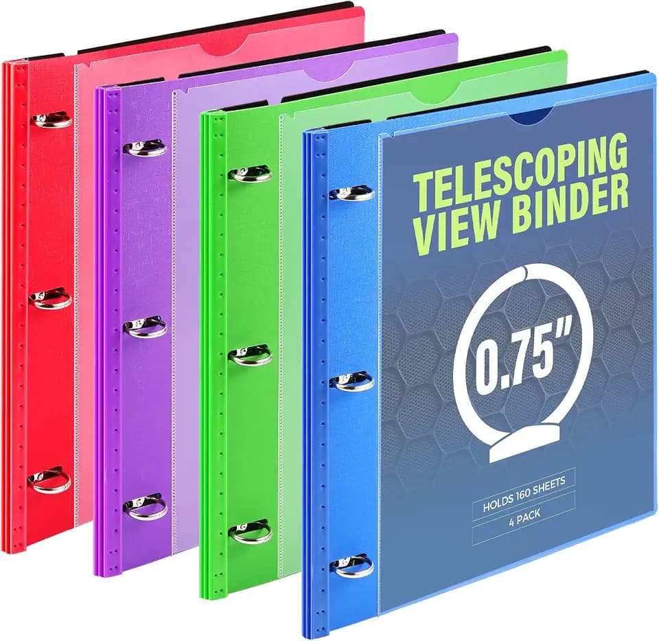 WOT I 4-Pack Telescoping 3 Ring Binder(0.75"), Expandable Flexible Binder - Patented Design for Easy Portability, Holds 8.5"x11" Paper, 4 Vibrant Colors, Perfect for School, Office&Home Organization