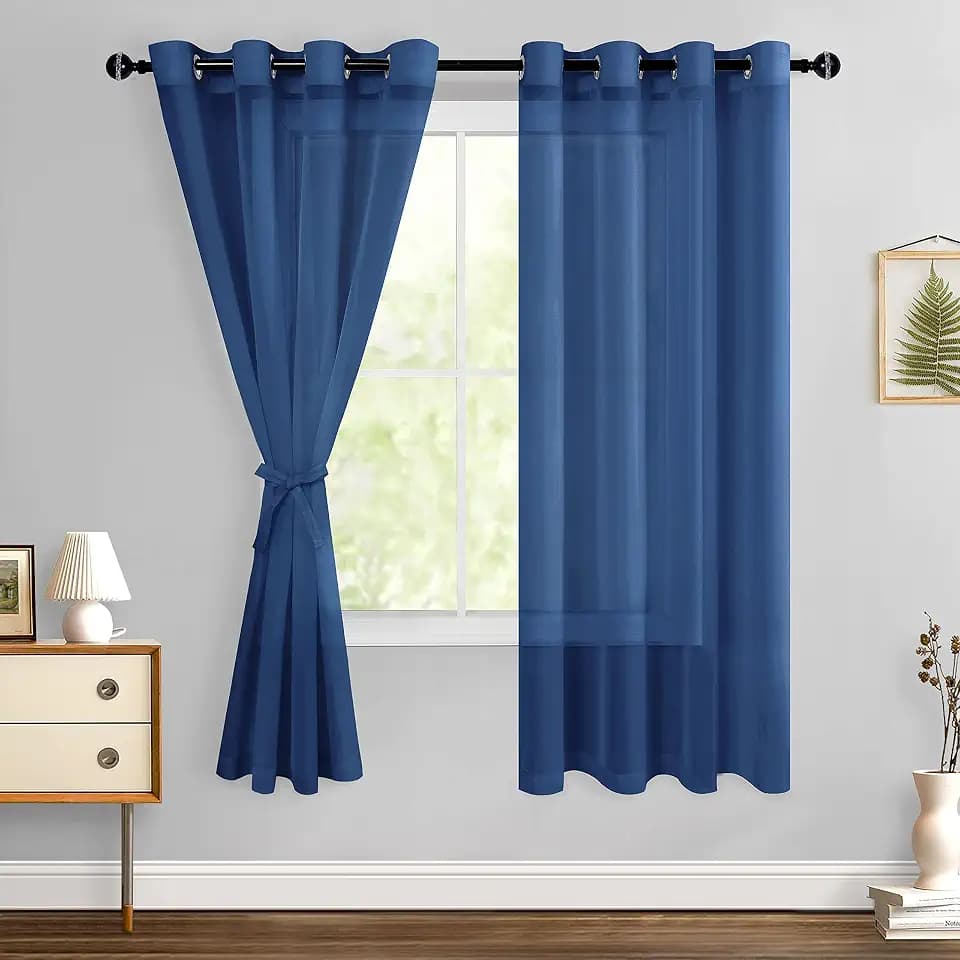 Hiasan Sheer Curtains for Living Room with Tiebacks, Navy Blue, 2 Panels