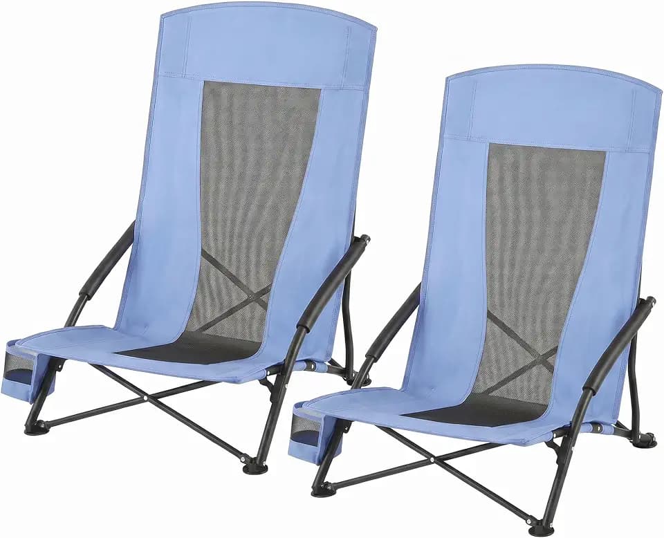 SONGMICS HOME Portable Beach Chair, Folding Camping Chair with High Backrest and Cup Holder, Lightweight Outdoor Picnic Seating, Heavy-Duty Support up to 330 lb, Set of 2, Light Blue