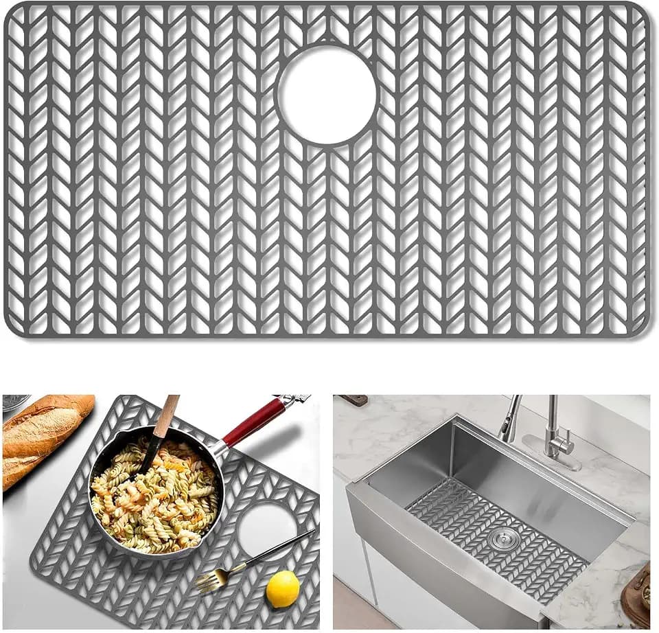 GUUKIN Sink Protectors for Kitchen Mat -30"x 16" Silicone Kitchen Sink Mat Grid for Bottom of Farmhouse Stainless Steel Porcelain with Rear Drain(Grey