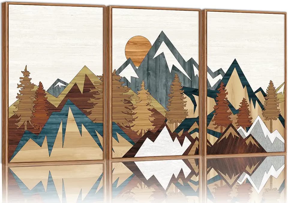 SIGNINART Vintage Mountain Framed Canvas Wall Art, Boho Sunrise Art Prints, Forest Nature Wilderness Art Paintings, Modern Farmhouse Woodcut Style Wall Decor for Living Room Bedroom, Office 24"x36"x3
