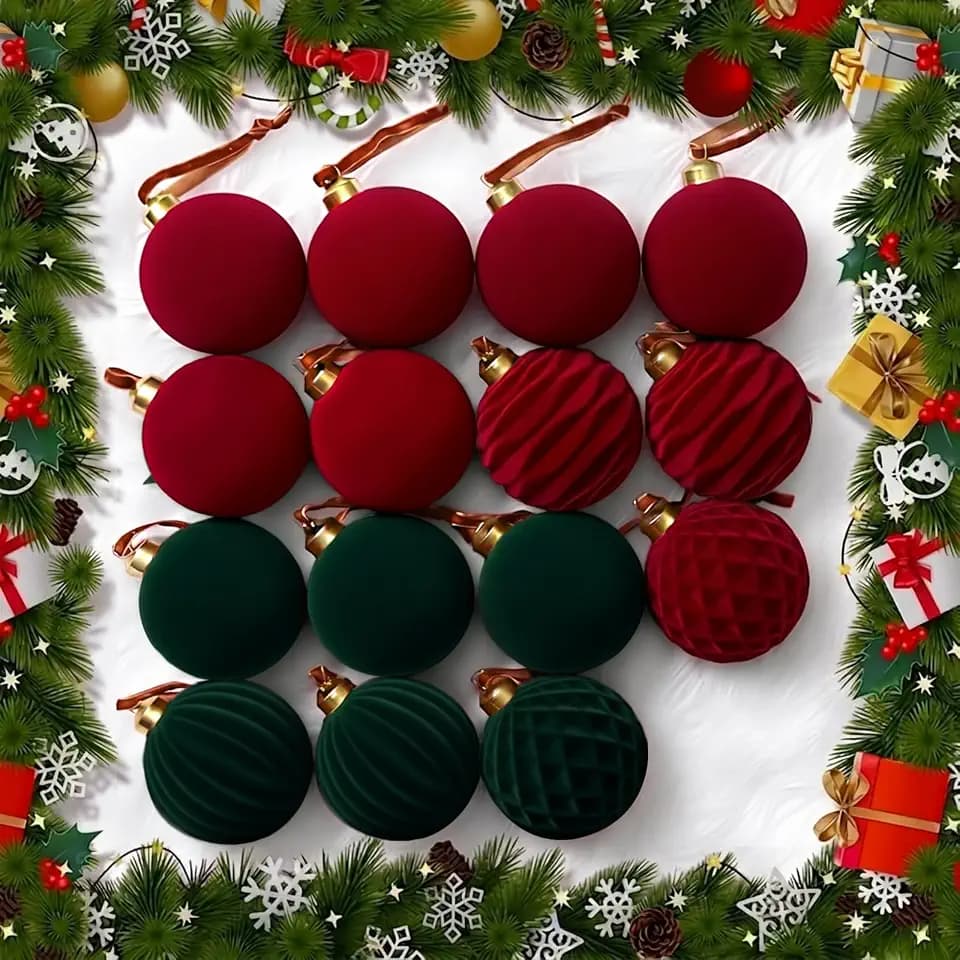 Minetom 15pcs Burgundy & Green Christmas Ornaments, 3.15Inch Velvet Decor