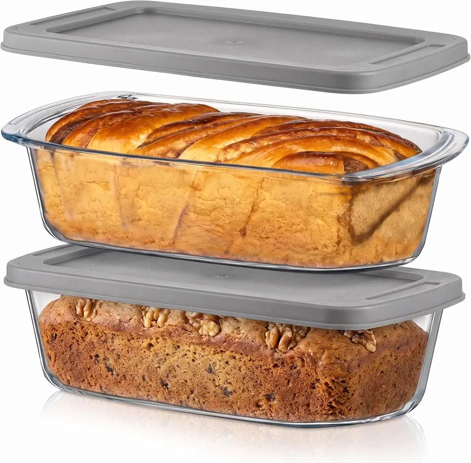 NutriChef 4 Piece Glass Loaf Pan Set with Lids - Stackable 1.9 QT/62oz Glass Bread Baking Dishes - 2 Food Storage Containers + 2 Airtight Lids, Oven & Microwave Safe, Dishwasher Safe - Clear