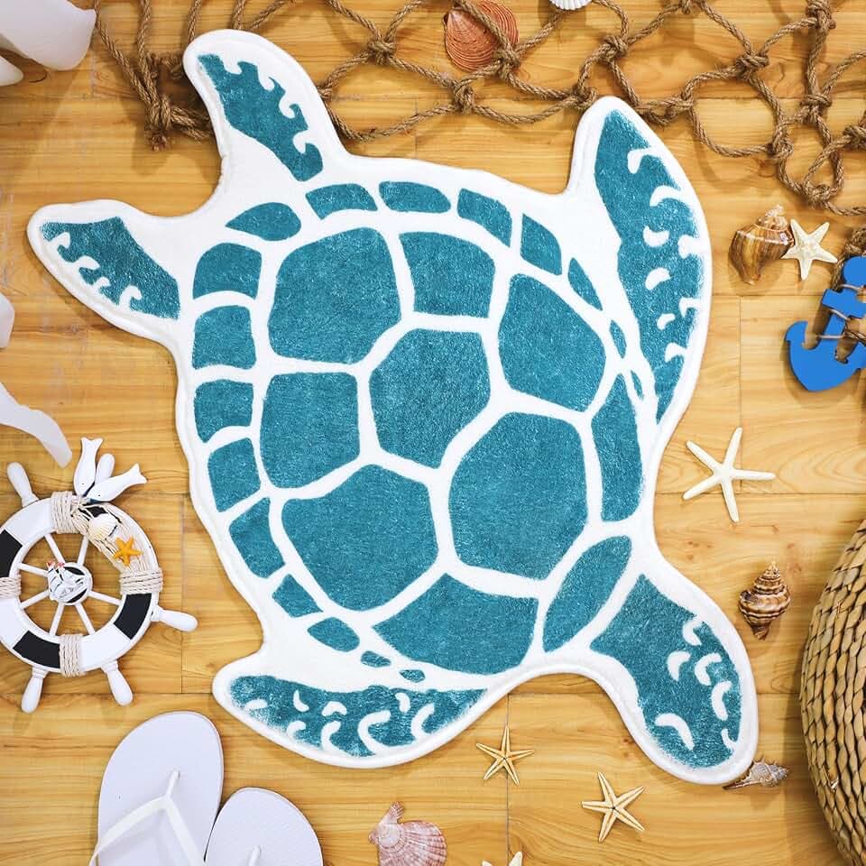 Haull Sea Turtle Bathroom Rugs Beach Theme Bath Rugs 30.7 x 25 Inch, Blue
