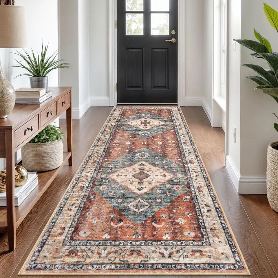 KOZYFLY Runners for Hallways 3x8 Ft Washable Kitchen Runner Rug Boho Runner Rug for Entryway Indoor Rust/Orange/Blue Printed Oriental Faux Wool Floor Carpet Runner for Bedroom Kitchen Hall