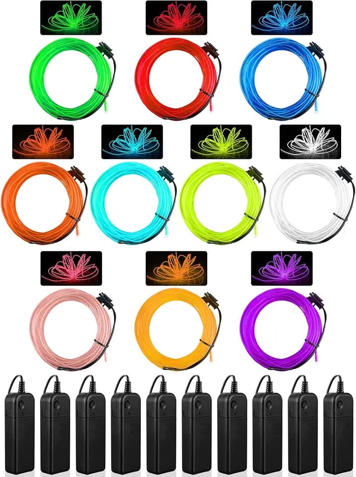 Hortsun 10 Pack EL Wire Lights, Neon LED Portable String Lights, 16.4 ft