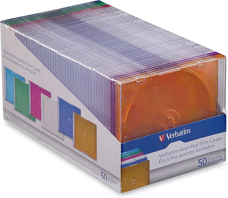 Verbatim 50-Pack Assorted Slim CD DVD Blu-ray Disc Cases, Clear & Colors