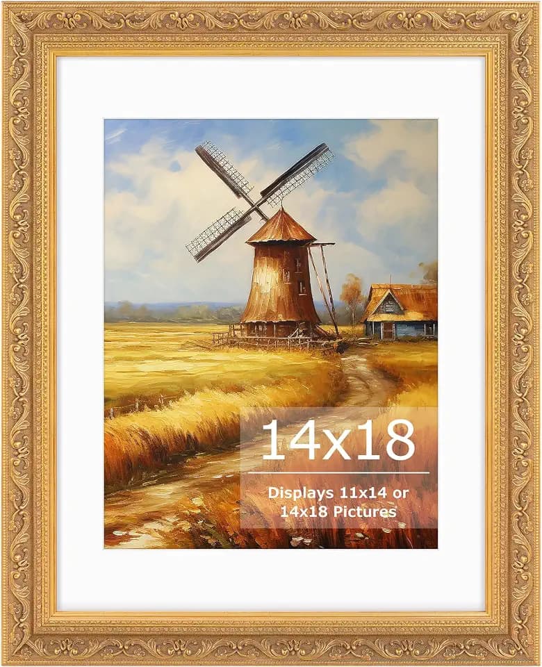 14x18 Picture Frame With 11x14 White Mat, Ornate Vintage Gold Finish