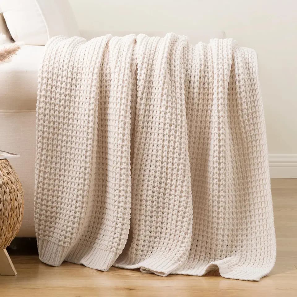 Cream White Throw Blanket for Couch Bed, Waffle Knit Throw Blanket 60"x80"