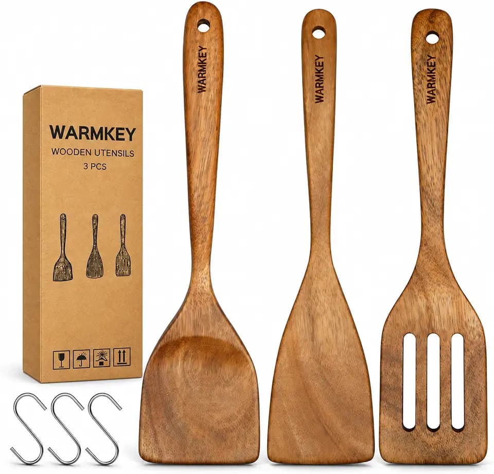 Natural Acacia Wood Spatula Set of 3, Nonstick Pan Safe Multipurpose Wooden Cooking Spatulas, Eco-Friendly Scratch-Proof Heat Resistant with Hanging Holes