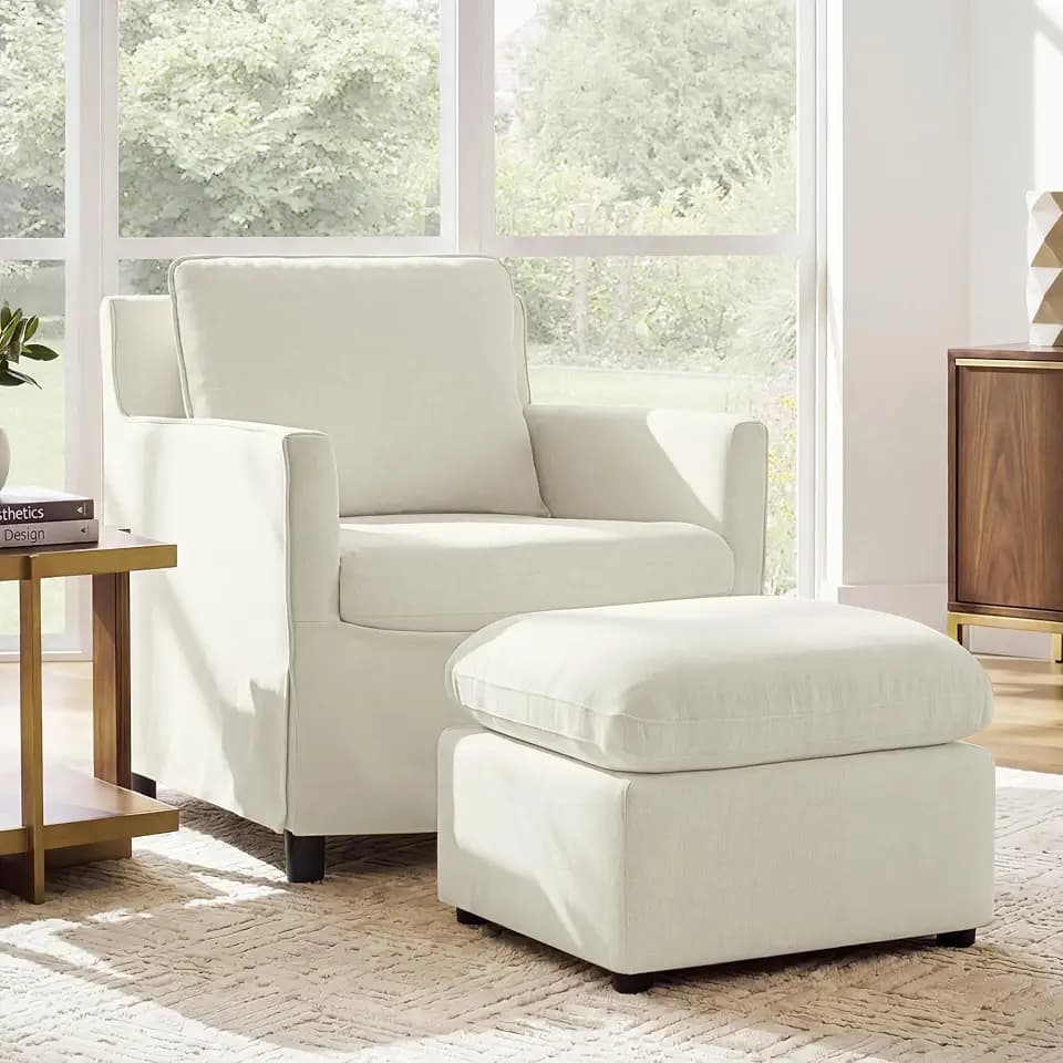 KISLOT Upholstered Accent Chair with Ottoman, Modern Barrel Armchair, Cream