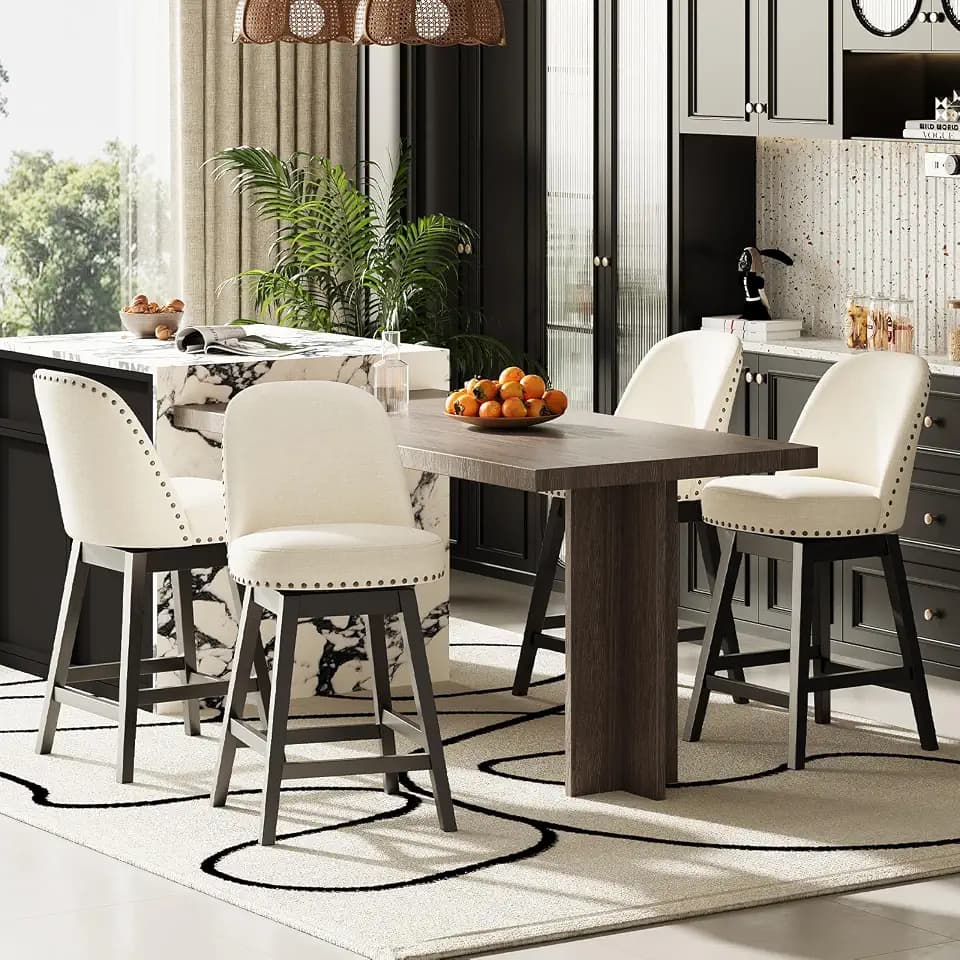 MALOL Swivel Counter Height Bar Stools Set of 4, Tall Upholstered Fabric Barstools, Modern Bar Chairs with Solid Back and Wood Legs for Kitchen Island,Beige