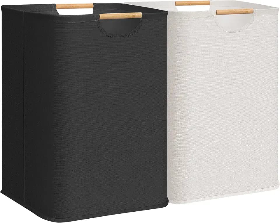 STORAGE MANIAC 2-Pack Laundry Hamper with Bamboo Handles, Black + White