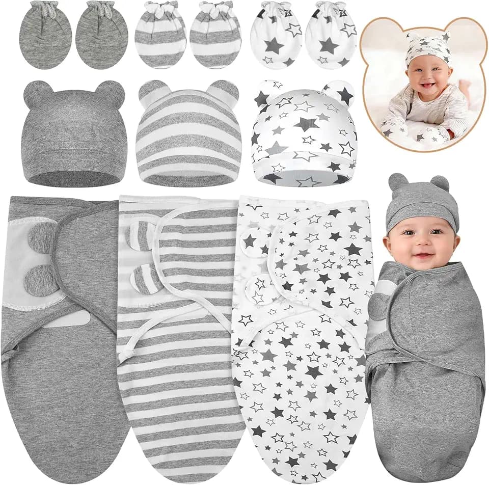 Flasoo 3 Pack Preemie Swaddle with Hat & Mittens Set, Adjustable Cotton Swaddle for Preemie Baby, Preemies Swaddles 4-7 Lbs for Baby Boy Girl, Baby Newborn Essentials (Classic Style)