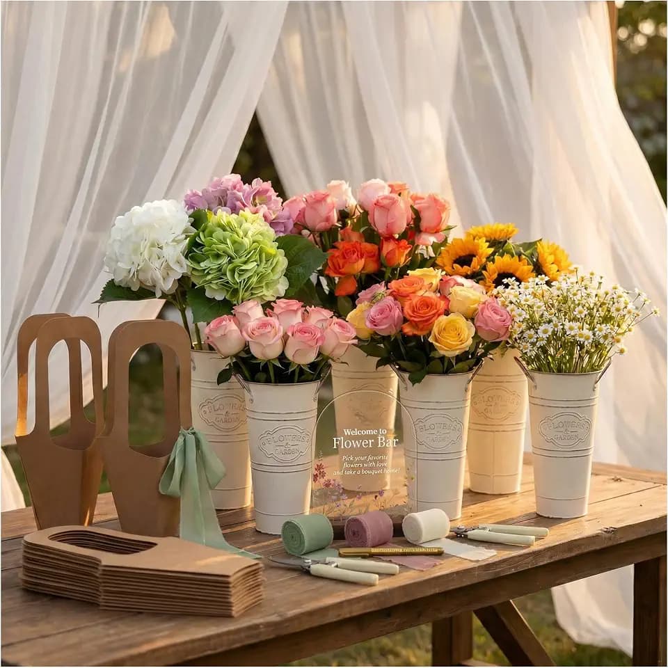 43 Pcs Bridal Shower Flower Bar Supplies, Make Your Own Bouquet Station, Include 6 Embossed Iron Buckets Reusable Acrylic Sign 30 Kraft Bags Chiffon Ribbons for Baby Shower Wedding Bloom Bar Supplies