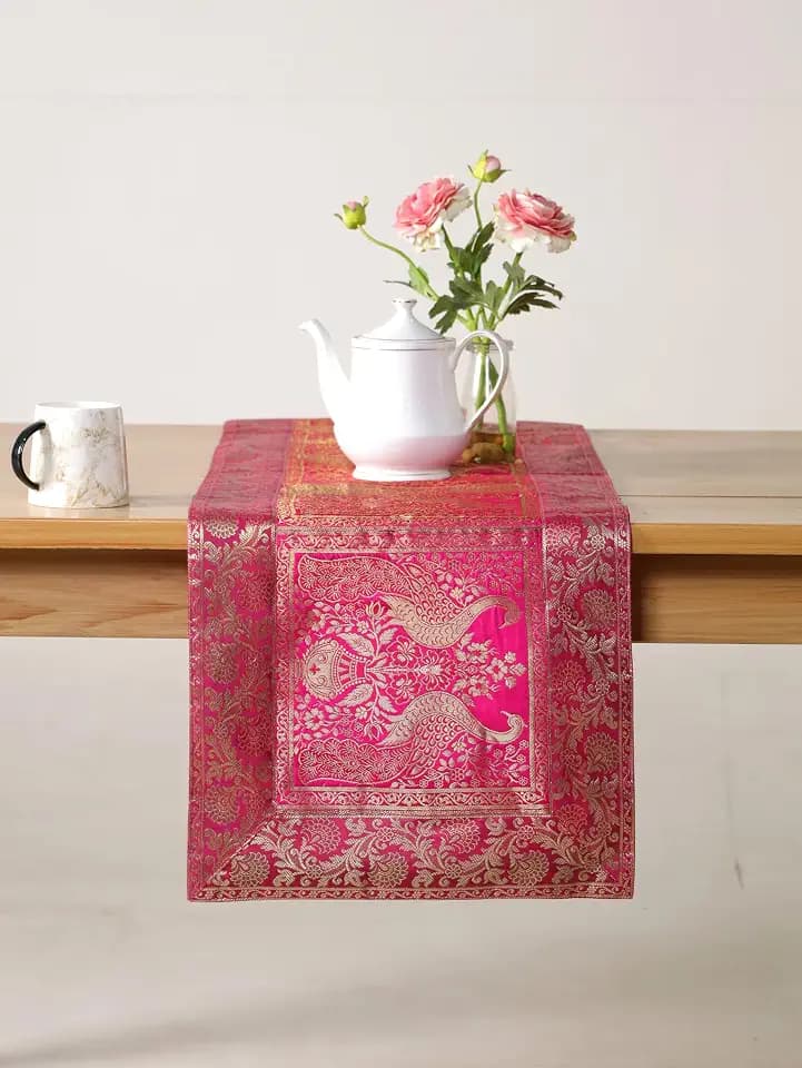 Indian Decorative Silk Table Runner, 16x60 Inches Table Runners for Events and Parties, Celebaration & Home Decoration ,Multicolor (Pink)